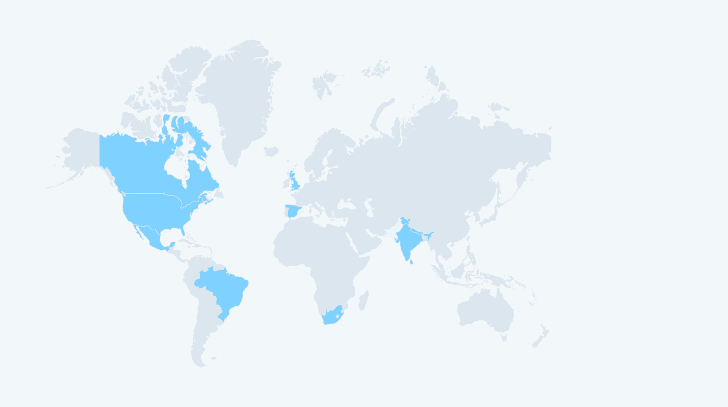 Global presence in Canada, USA, Brazil, United Kingdom, Spain, South Africa and India